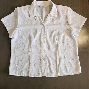 Vtg 80s 90s Joanna White Embroidered Short Sleeve Blouse Button Up Floral Summer